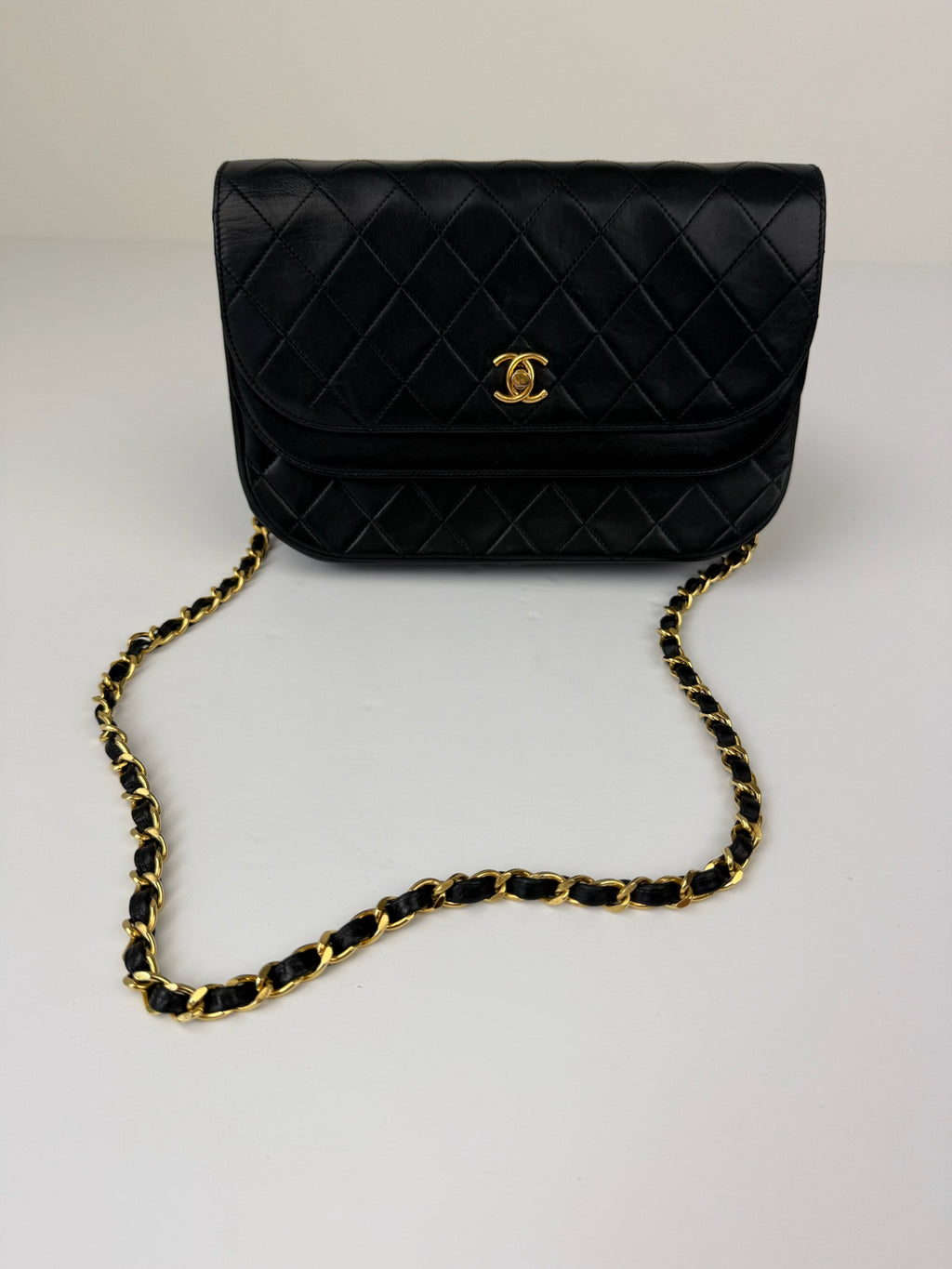 CHANEL MATELASSE HALF MOON DOUBLE FLAP CHAIN SHOULDERBAG