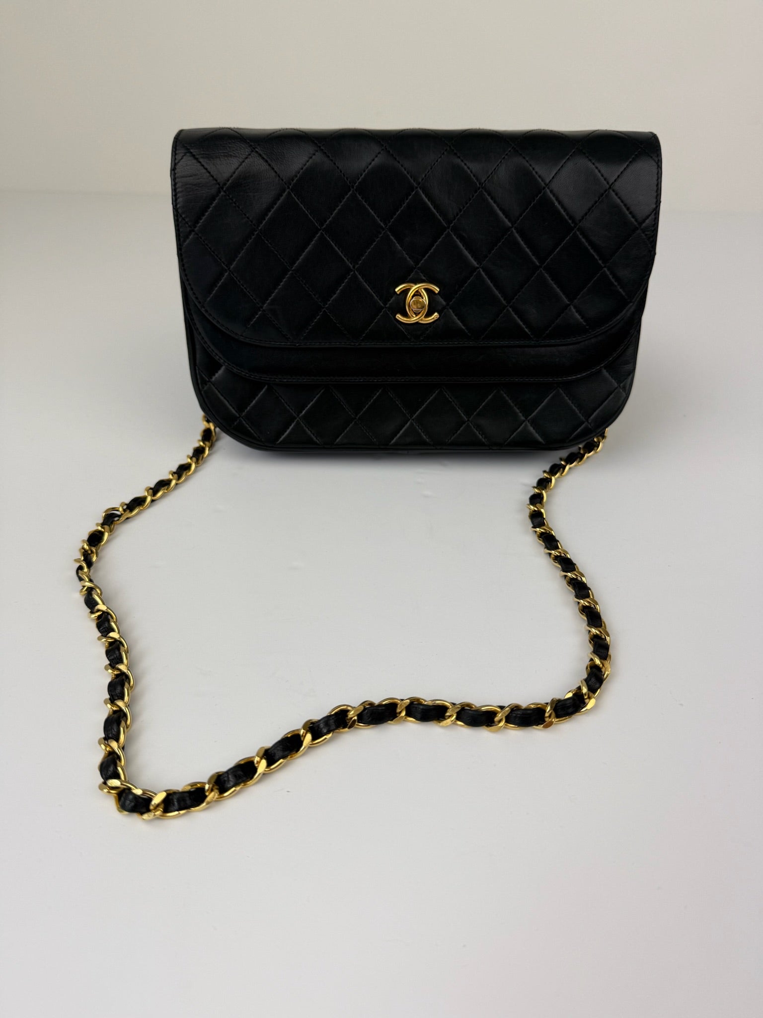 CHANEL MATELASSE HALF MOON DOUBLE FLAP CHAIN SHOULDERBAG