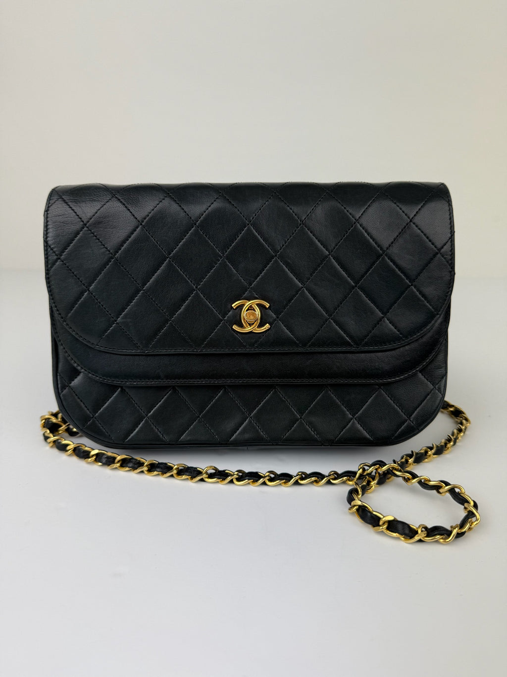CHANEL MATELASSE HALF MOON DOUBLE FLAP CHAIN SHOULDERBAG